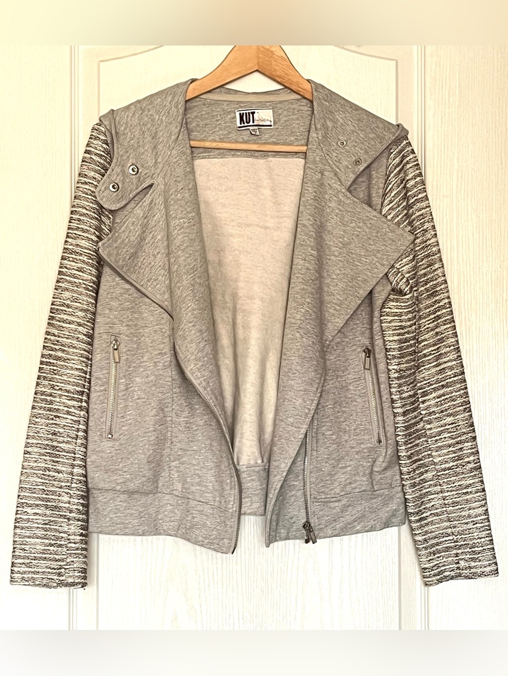 KUT from the Kloth Mixed Media Asymmetrical Moto Zip Hoodie Jacket Size S Gray
